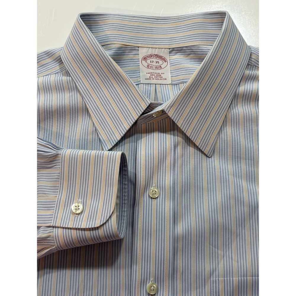 Brooks Brothers Shirt Regent Fit Men's 17/35 Yellow‎ Blue Striped Non-Iron